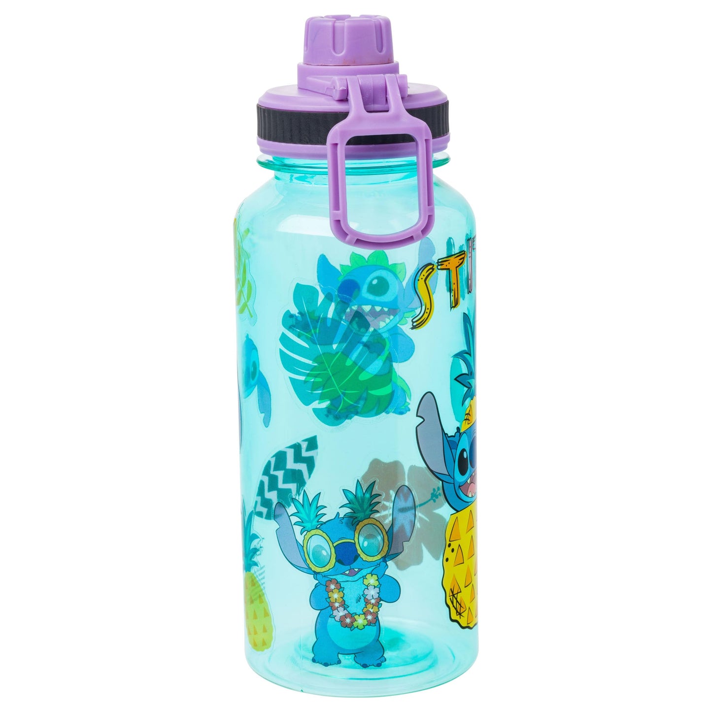 Silver Buffalo Disney Lilo and Stitch Pineapple Twist Spout Plastic Water Bottle with Stickers You Stick Yourself, 32 Ounces