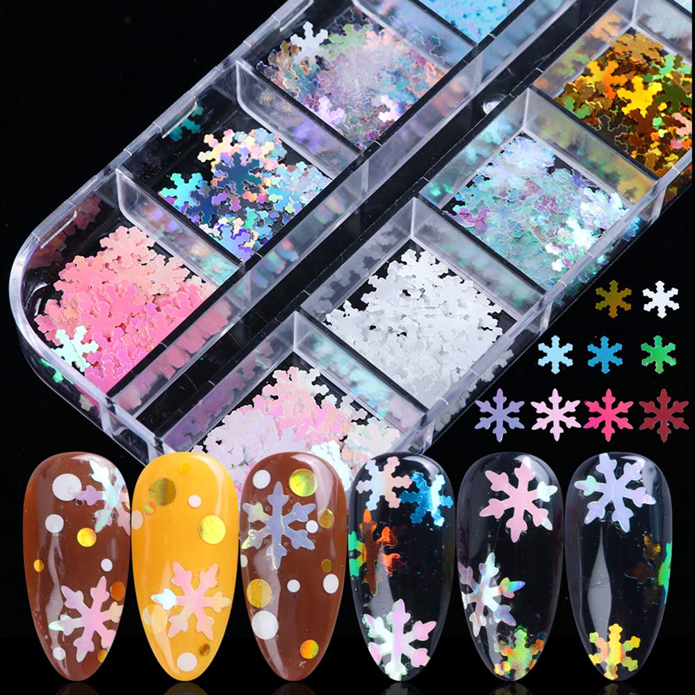 Snowflake Glitter Nail Sequins - 12 Grids 3D Colorful Christmas Holographic Nail Flakes Glitter Confetti Sticker Decals Manicure Nail Design Makeup