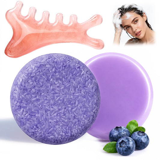 Blueberry Solid Shampoo and Conditioner Bar Set with Pink Massage Comb, Natural Blueberry Shampoo & Conditioner Bundle Bars, Nourishing and Repairing