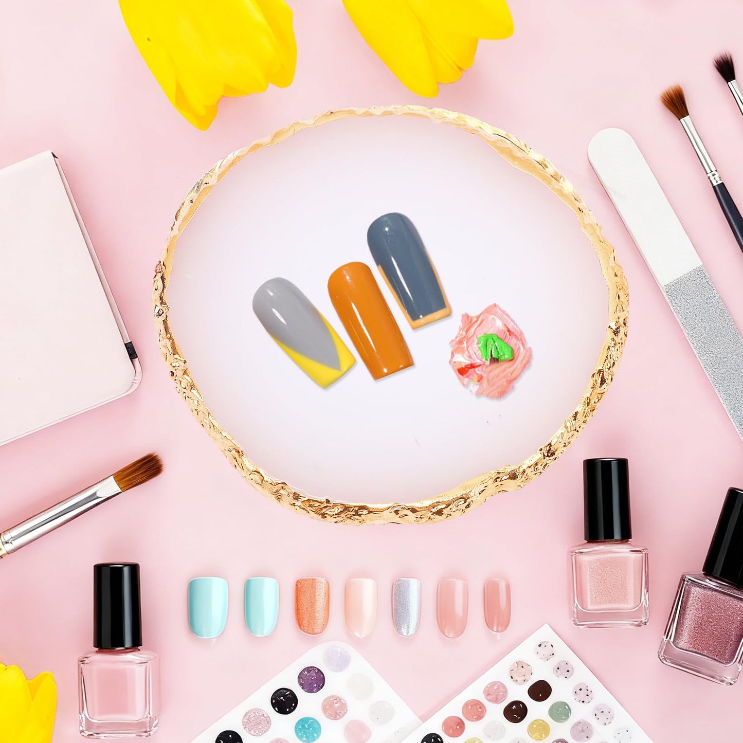 2 Pcs Resin Nail Art Palette Set, Pink & White, Gold Edge, 10 x 8 cm Beauty and Personal Care Pengxiaomei