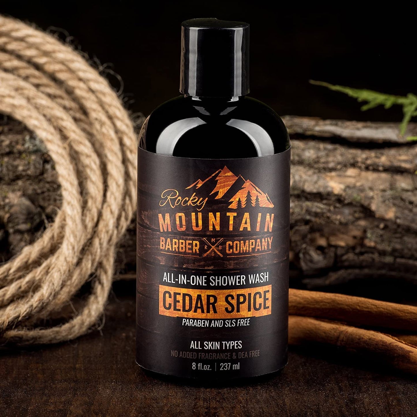 Rocky Mountain Barber Company Cedar Spice All-In-One Body Wash - Shampoo, Body Wash, Conditioner, Face Wash & Beard Wash with Essential Oils - 8 oz