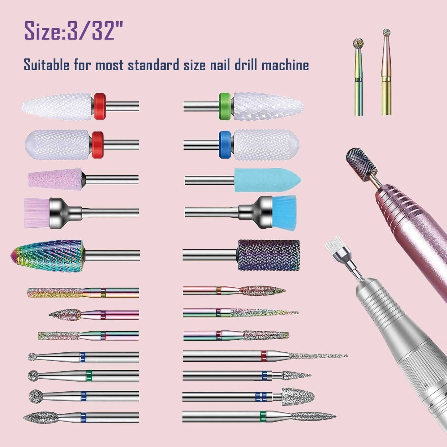Nail Drill Bits Set, 3/32" Ceramic Tungsten Carbide Diamond Drill Kit,30Pcs Safety Professional Rotary Burrs Polish Nail File Bit for Acrylic Poly