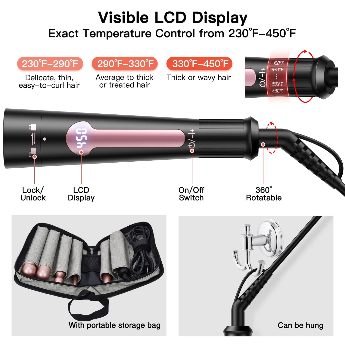 USHOW Curling Iron, Curling Wand Set, Instant Heat Up Hair Curler with Interchangeable Tourmaline Ceramic Barrels (0.5" to 1.25"), Adjustable