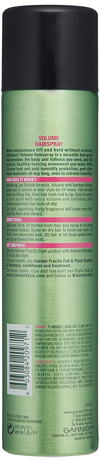 Garnier Fructis Style - Volume Hairspray - 24H Hold Anti-Humidity - Extra Strong Hold (3) - Net Wt. 8.25 OZ (234 g) Per Can - Pack of 3 Cans
