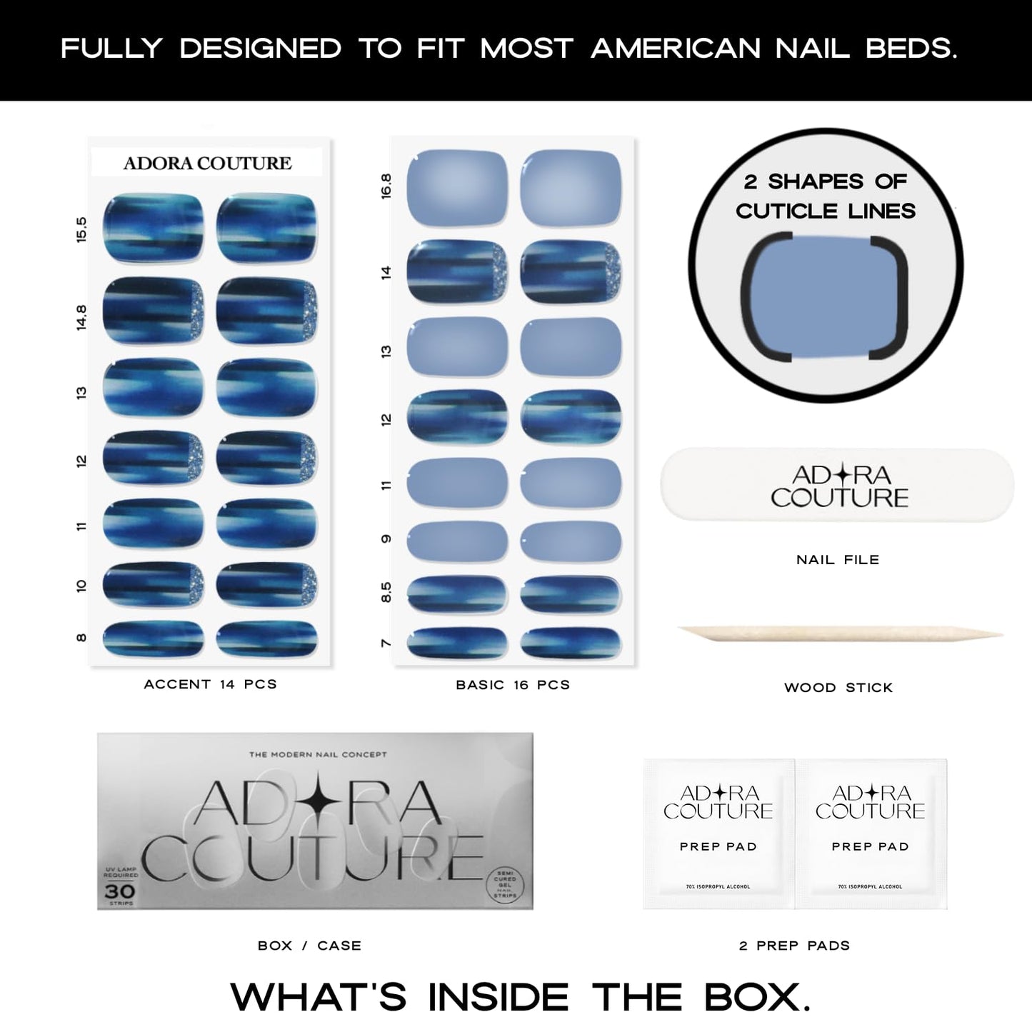 Adora Couture Semi-Cured Gel Nail Strips - 30 Salon-Quality Stickers with UV Light Required, Long Lasting, Easy Application & Removal, Includes Prep