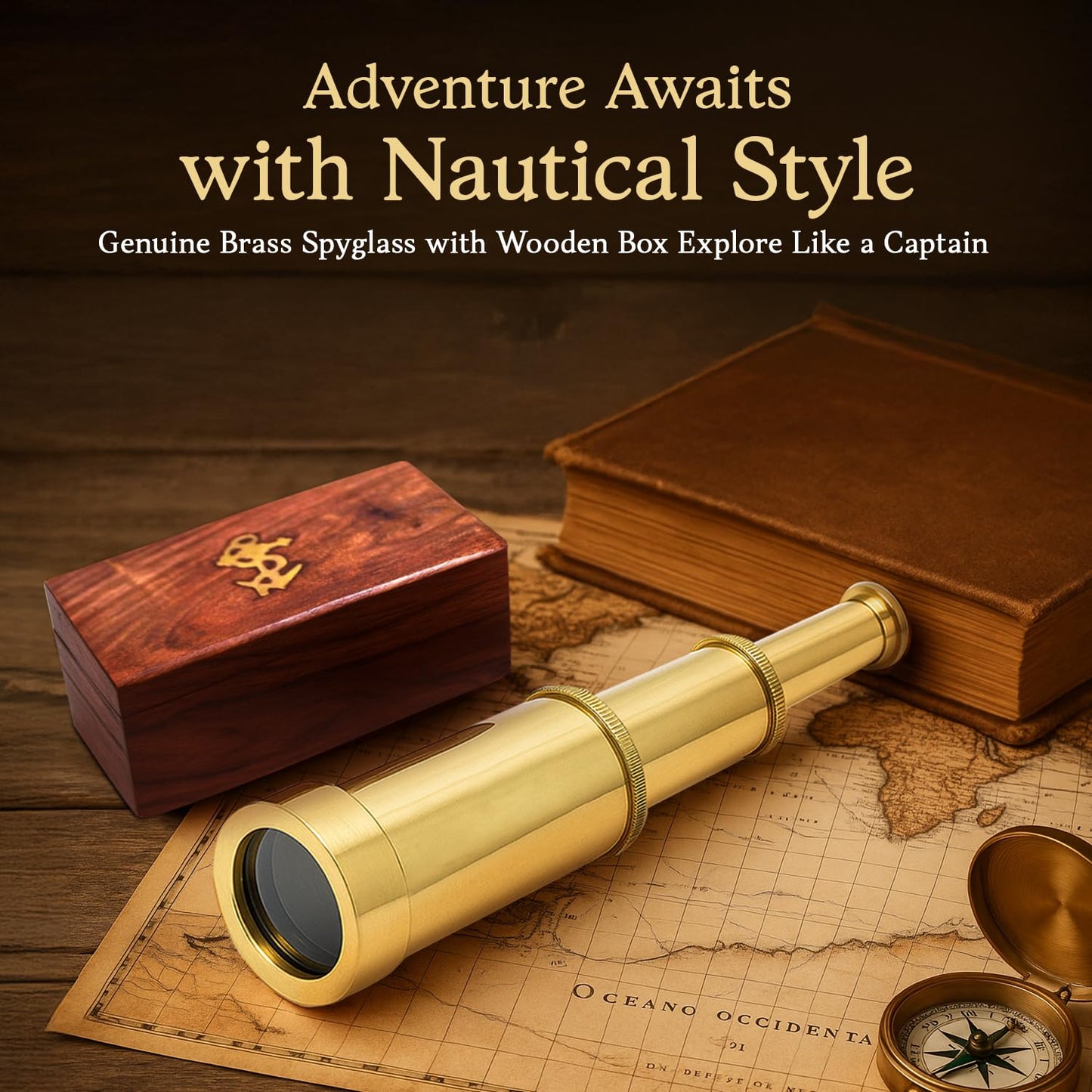 NauticalMart 6" Brass Telescope – Pirate Spyglass with Wooden Box, Nautical Collectible & Decorative Piece for Kids, Adults, Home or Office