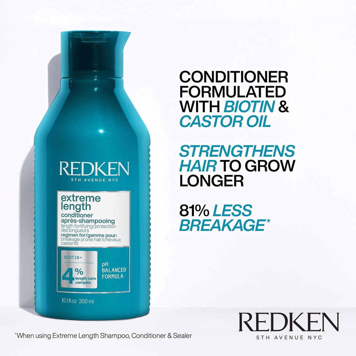 Redken Extreme Length Conditioner For Damaged Hair - Fortifies, Strengthens and Conditions Hair, Infused With Biotin & Castor Oil For Hair Growth