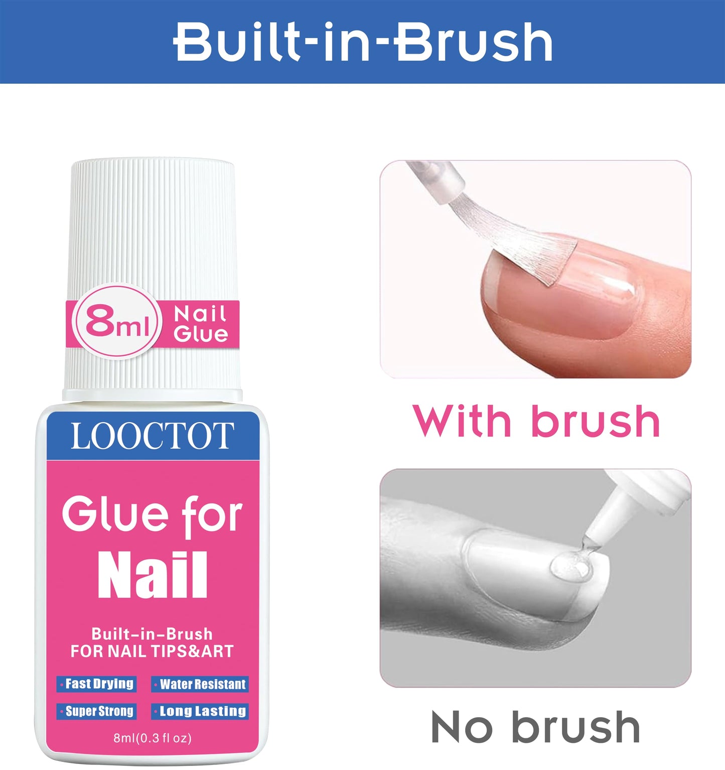 Super Strong Nail Glue for Nail Tips,Acrylic Nails and Press on Nails,Built in Brush on Nail Glue for Press on Nails,Long Lasting Nail Cement(8ml*2) Beauty and Personal Care LOOCTOT
