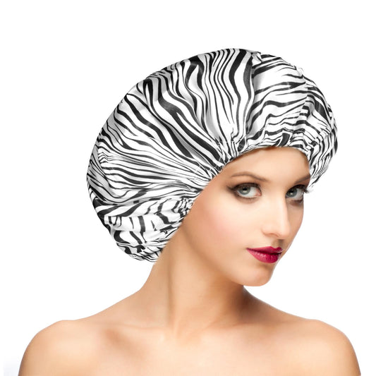 Fishent Shower Cap, Large Shower Caps for Women Reusable Double Layer Waterproof, Adjustable Extra Large Shower Cap for Long Hair and Braids?Zebra