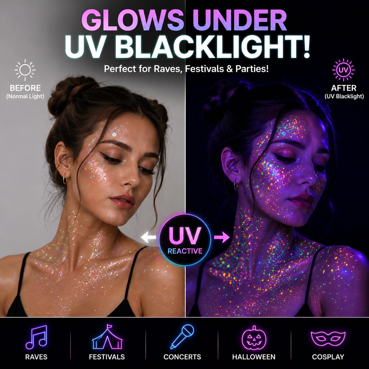 FindinBeauty 12 Colors Glow in the Dark Glitter Gel, UV Blacklight Reactive Face & Body Glitter, No Glue Needed, Cosmetic Grade for Eyes, Hair