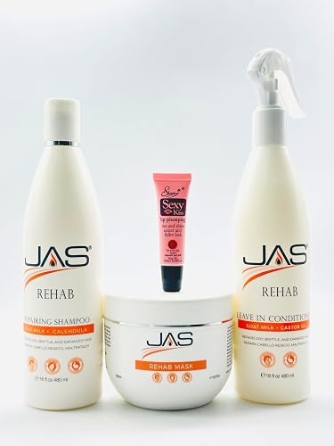 JAS Rehab Repairing Goat Milk + Calendula Shampoo 16 Fl Oz, Rehab Mask16 Fl Oz, Leave in Conditioner 16 Fl Oz -Free Starry Lip Plumping 10 Ml