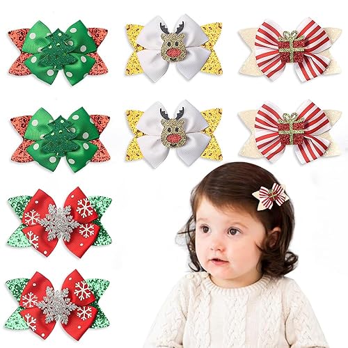 ALIBBON 8 Pcs Christmas Hair Bows for Girls, Glittering Christmas Tree Snowflake Hair Clips for Woman, Reindeer Hairpins for Kids, Christmas Hair