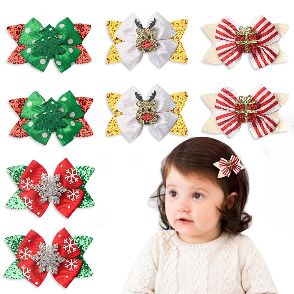 ALIBBON 8 Pcs Christmas Hair Bows for Girls, Glittering Christmas Tree Snowflake Hair Clips for Woman, Reindeer Hairpins for Kids, Christmas Hair