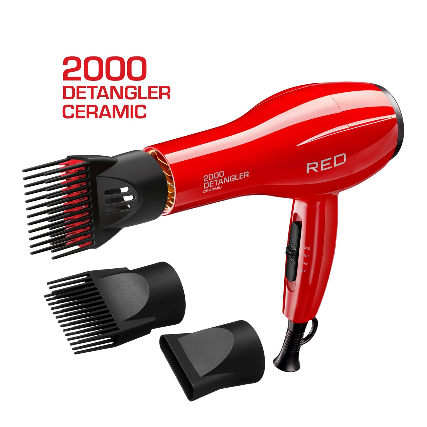 Red by Kiss 2000 Ceramic Hair Dryer, Professional Salon Blow Dryer 3 Attachments Included, 2 Detangler Piks, 1 Air Concentrator, Lightweight