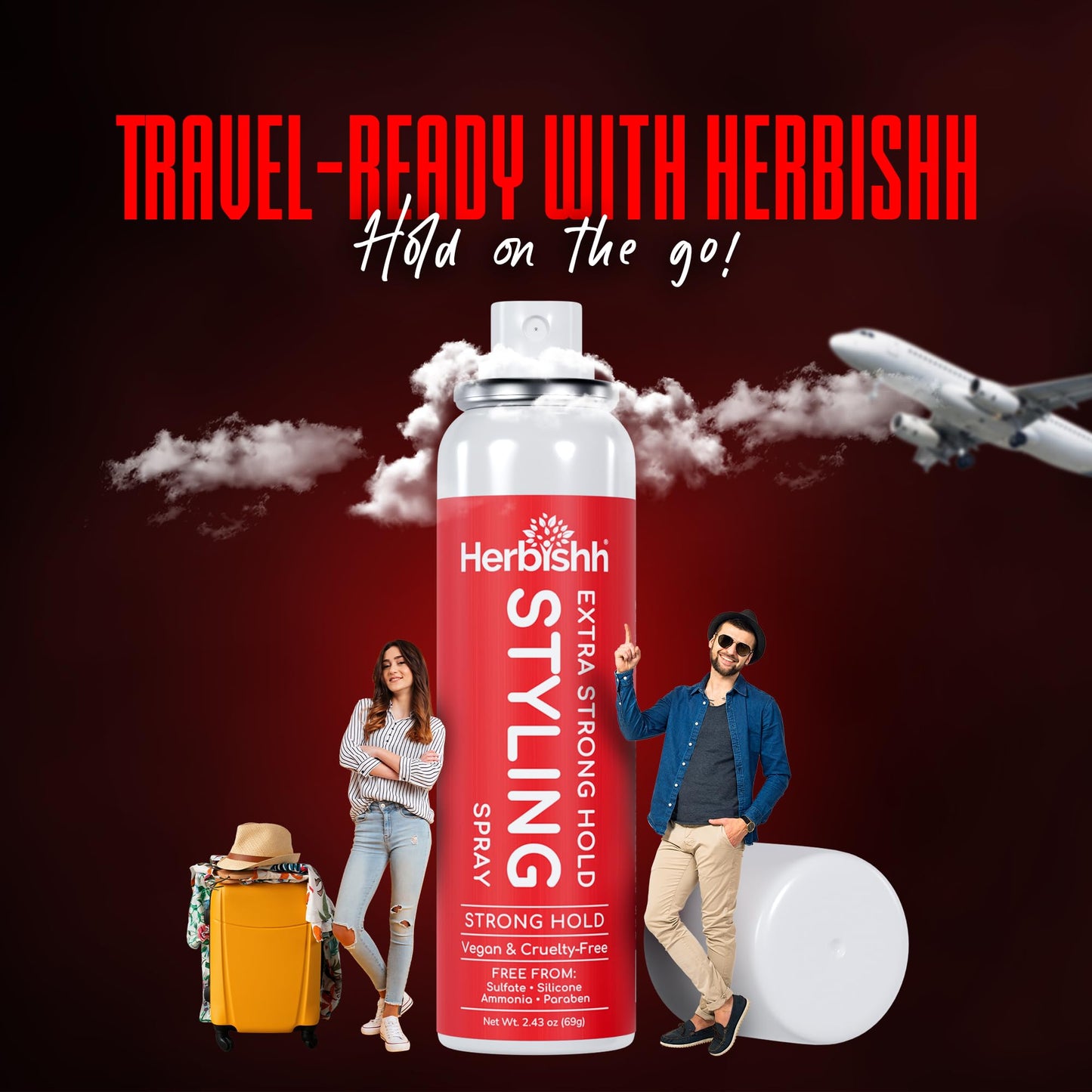 Herbishh Extra Strong Hold Styling Spray (69 g), Mini Travel Size Aerosol Mist for Fine Hair, Long Lasting & Non-Sticky, Flake-free & Quick Drying