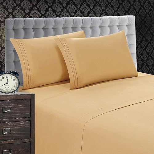 Elegant Comfort 1500 Premier Wrinkle & Fade Resistant 4 pc Sheet Set, Deep Pocket Up to 18" and Colors, Queen Gold