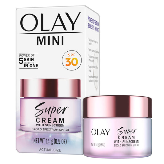 Olay Super Cream with Sunscreen SPF 30, Trial Size, Lightweight Face Moisturizer with Sun Protection, 5-in-1 Skin Care Benefits - Hydrating