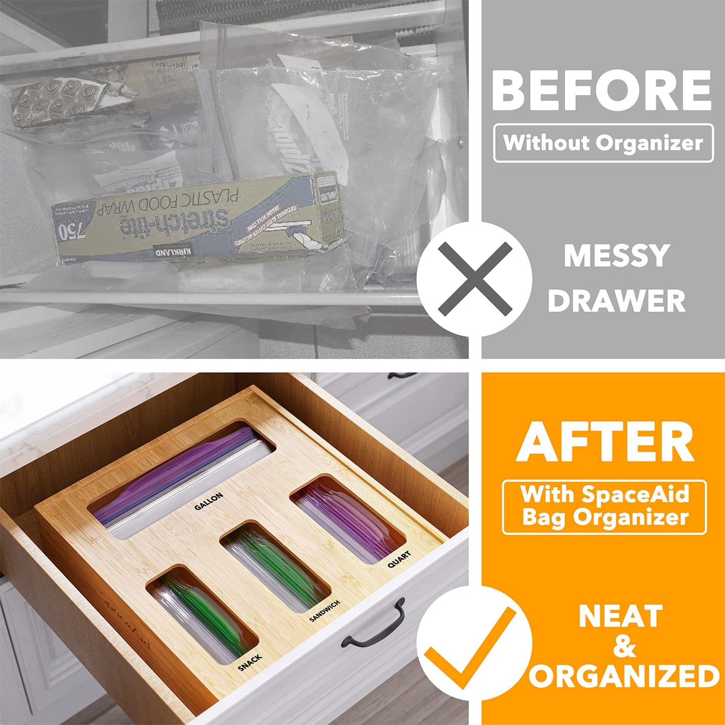 SpaceAid Bag Storage Organizer for Kitchen Drawer, Bamboo Organizer, Compatible with Gallon, Quart, Sandwich and Snack Variety Size Bag (1 Box 4Slots)