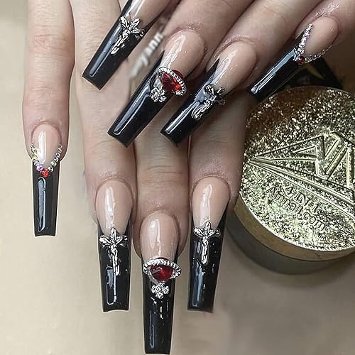 MISUD Press on Nails - Long Coffin Glue on Nails with Goth Black, Acrylic Gothic Cross Design 24 pcs