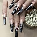 MISUD Press on Nails - Long Coffin Glue on Nails with Goth Black, Acrylic Gothic Cross Design 24 pcs