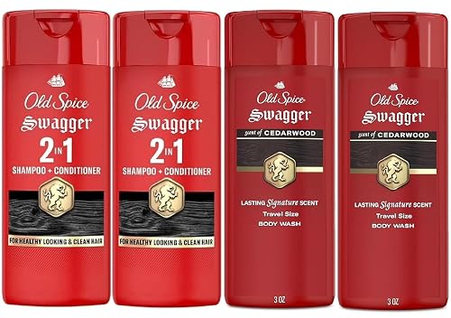 Old Spice Swagger 2-in-1 Shampoo & Conditioner And Body Wash for Men, Cedarwood & Lime Scent, Travel Size Bottle, 3 fl oz Each (4 Piece Set)