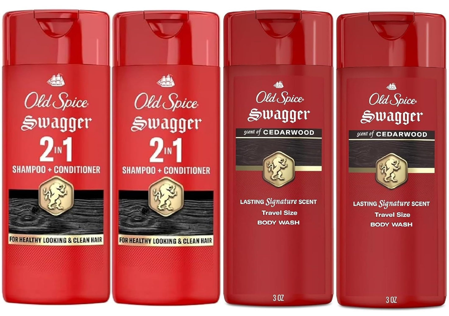 Old Spice Swagger 2-in-1 Shampoo & Conditioner And Body Wash for Men, Cedarwood & Lime Scent, Travel Size Bottle, 3 fl oz Each (4 Piece Set)