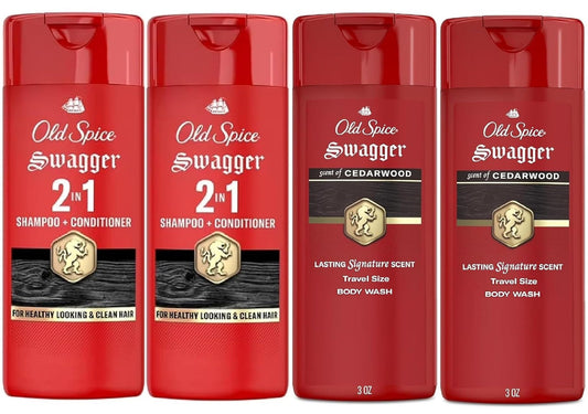 Old Spice Swagger 2-in-1 Shampoo & Conditioner And Body Wash for Men, Cedarwood & Lime Scent, Travel Size Bottle, 3 fl oz Each (4 Piece Set)