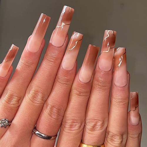 BABALAL Square Press on Nails - Long, Brown Acrylic, Ombre, Glossy Artificial Nails - Squoval Shape, for Women and Girls