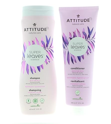 ATTITUDE Super Leaves Moisture Rich Shampoo & Conditioner Bundle With Quinoa, Vitamin B5, Jojoba, Indian Cress, Watercress & Jasmine, Guava, 16 + 8 Fl