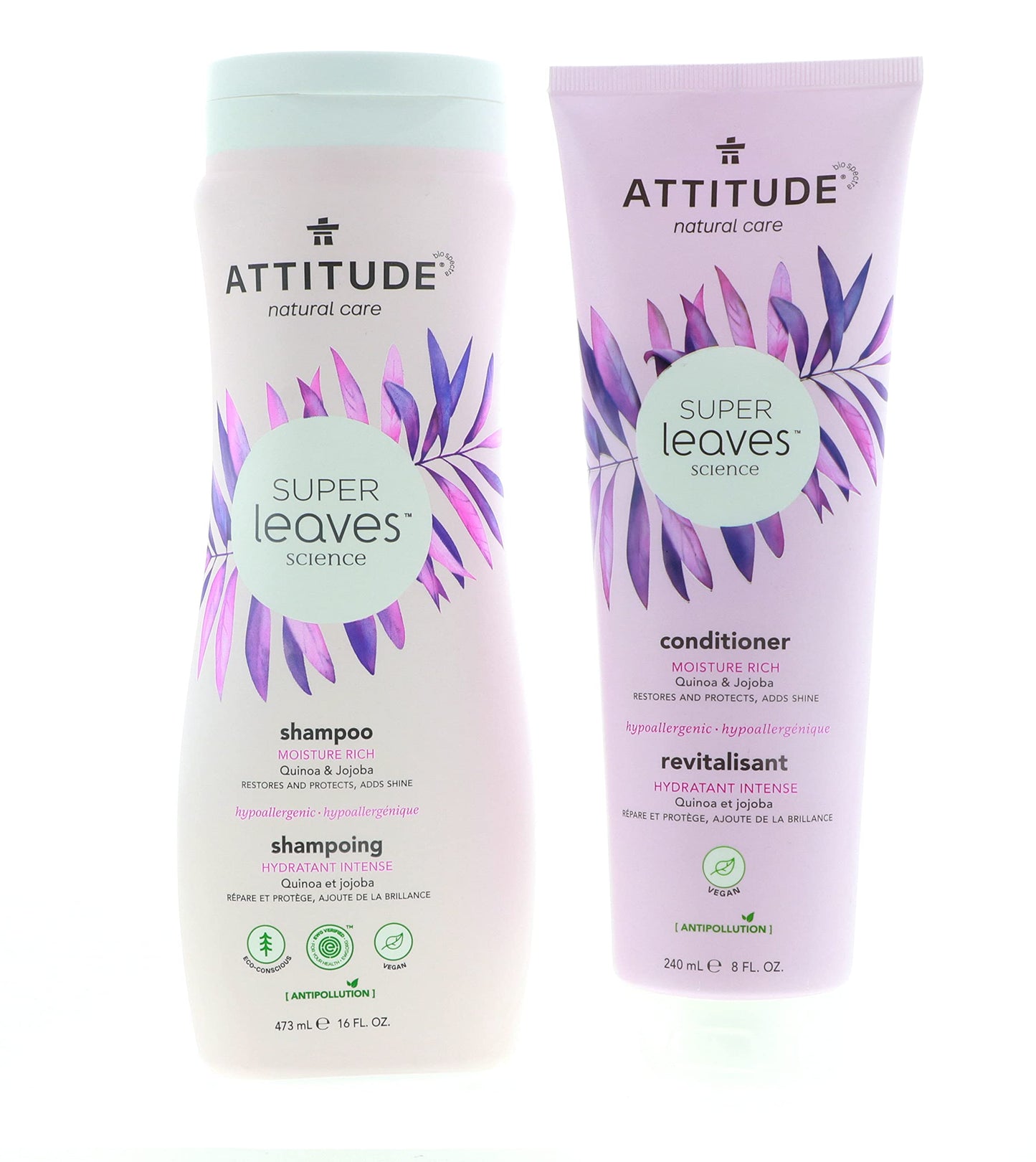 ATTITUDE Super Leaves Moisture Rich Shampoo & Conditioner Bundle With Quinoa, Vitamin B5, Jojoba, Indian Cress, Watercress & Jasmine, Guava, 16 + 8 Fl