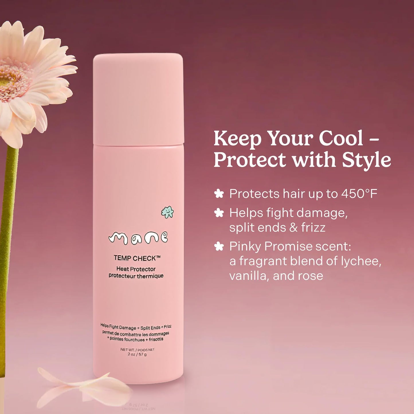 Mane Temp Check Heat Protection Spray for Hair - Anti Frizz Heat Protectant for All Hair Types - Helps Fight Damage, Split Ends & Breakage - Made