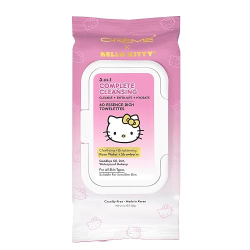 The Crème Shop x Hello Kitty 3-in-1 Complete Cleansing Towelettes - Rose Water & Strawberry - Cleanse, Refresh & Hydrate for Face and Body