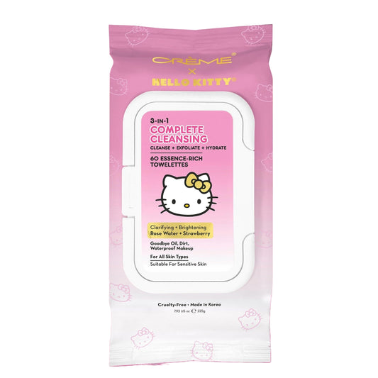 The Crème Shop x Hello Kitty 3-in-1 Complete Cleansing Towelettes - Rose Water & Strawberry - Cleanse, Refresh & Hydrate for Face and Body