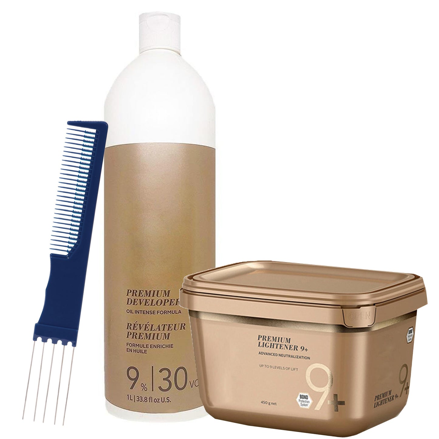 BlondeMe Bleach Powder and Developer | Blonde Me Lightener 9+ Premium Bleach 450 grams, Developer 9% / 30Vol 1 Liter with Dual Purpose Comb Beauty & Personal Care M Hair Designs