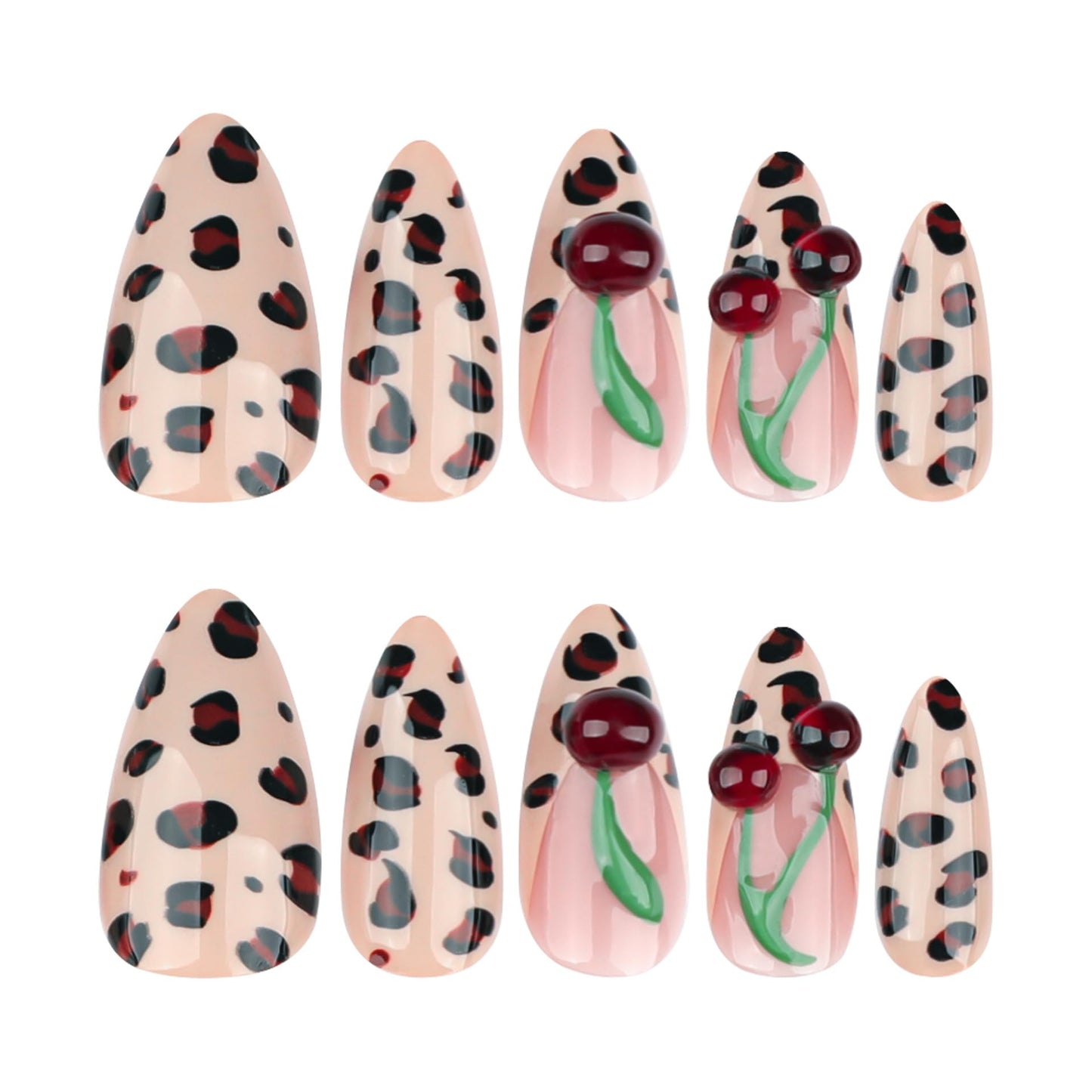 XZMeiLun Spring & Summer 3D Cherry Leopard Print Press On Nails, Medium Almond Cheetah French Tip, Salon Quality Designer Reusable Acrylic Fake Nails Beauty and Personal Care XZMeiLun