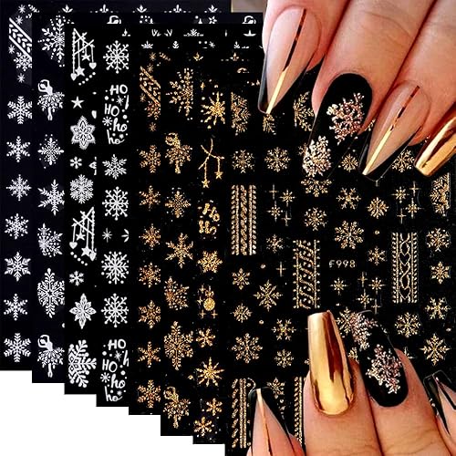 Snowflake Nail Art Stickers, Winter Nail Decals 3D Self-Adhesive Gold White Snowflake Xmas Tree Christmas Nail Design DIY Christmas Nail Decoration