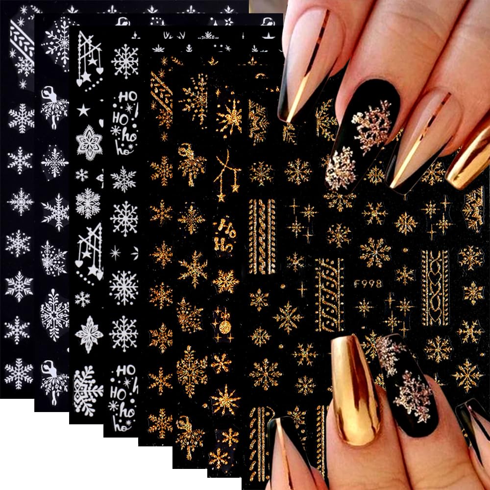 Snowflake Nail Art Stickers, Winter Nail Decals 3D Self-Adhesive Gold White Snowflake Xmas Tree Christmas Nail Design DIY Christmas Nail Decoration