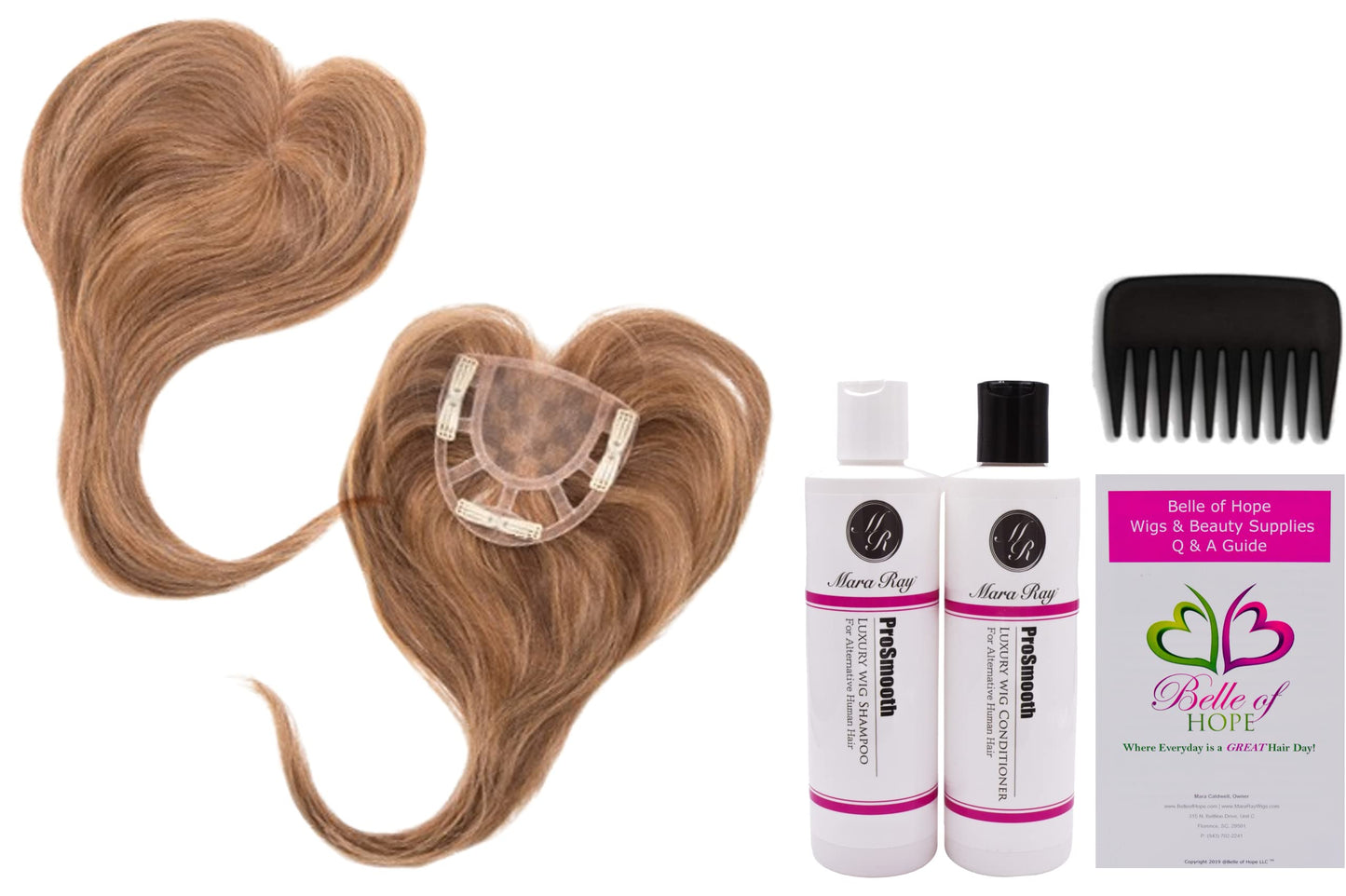 ADD-ON CROWN Human Hair/HF Synthetic Blend Topper by Envy, 5PC Bundle: Topper, 4oz Mara Ray Luxury Shampoo & Conditioner, Wide Tooth Comb, and 19 Page