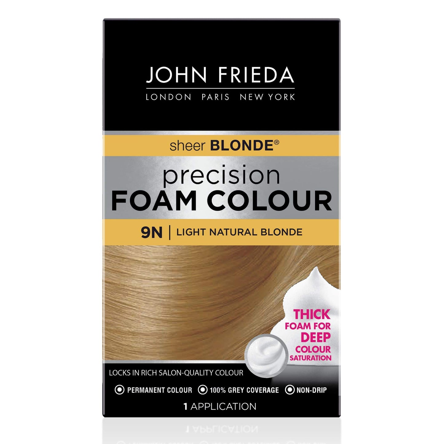 John Frieda Precision Foam Colour, Light Natural Blonde 9N, Full-Coverage Hair Color Kit, Anti-Fade Gray Coverage, Deep Color Saturation Hair Dye, 1