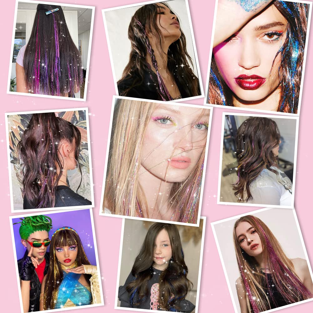 Umylar Clip in Hair Tinsel Kit Pack of 12 Pcs,20 Inch Colorful Glitter Tinsel Hair Extensions, Festival Gift Tinsel Fairy Hair Extension Party Dazzle Beauty and Personal Care Umylar