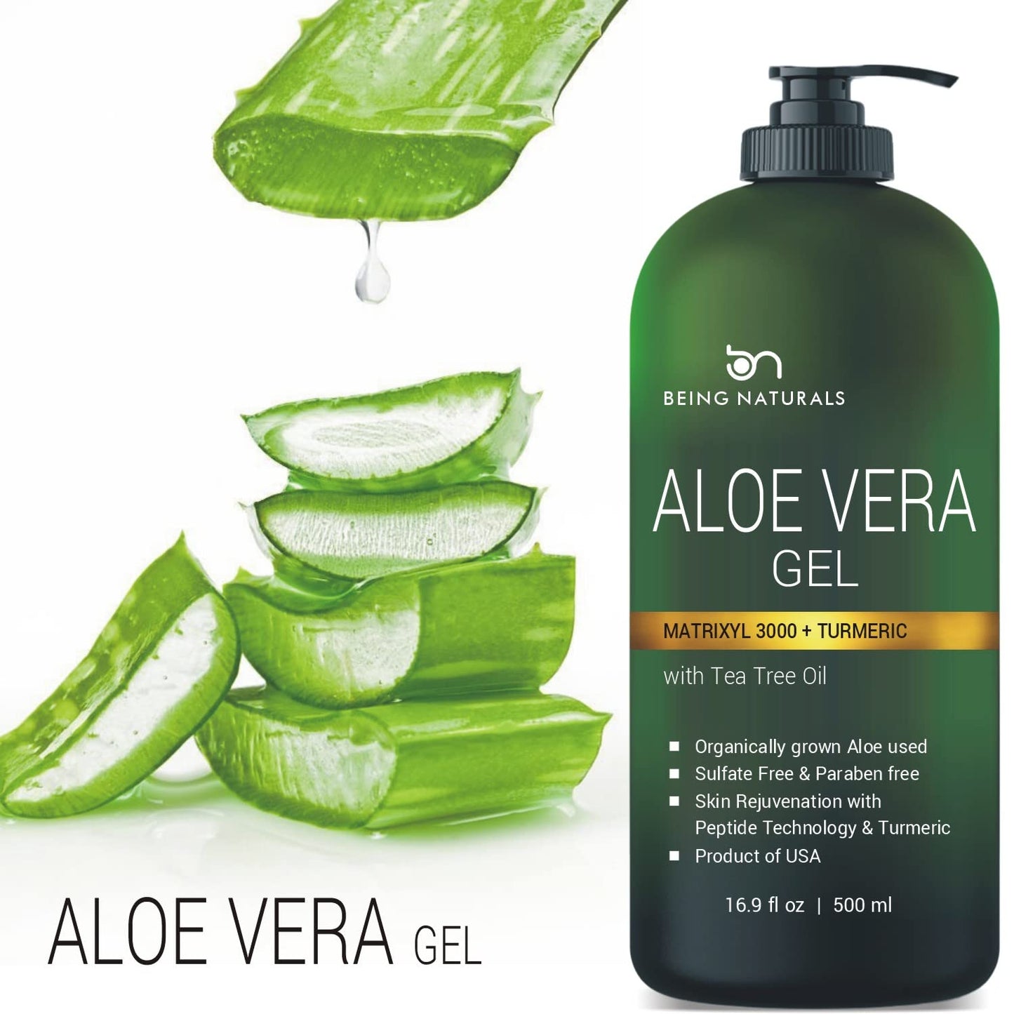 Aloe vera Gel - from 100% Pure Organic Aloe Infused with Matrixyl 3000 (Peptides), Turmeric - Natural Raw Moisturizer for Face, Body, Hair. Perfect