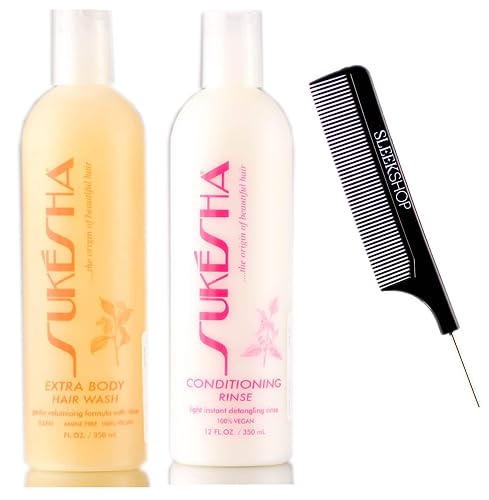 Sukesha Extra Body Hair Wash Shampoo & Conditioning Rinse Conditioner DUO Set (w/Sleek Comb) Gentle Volumizing Formula, Light Detangling, 100% Vegan