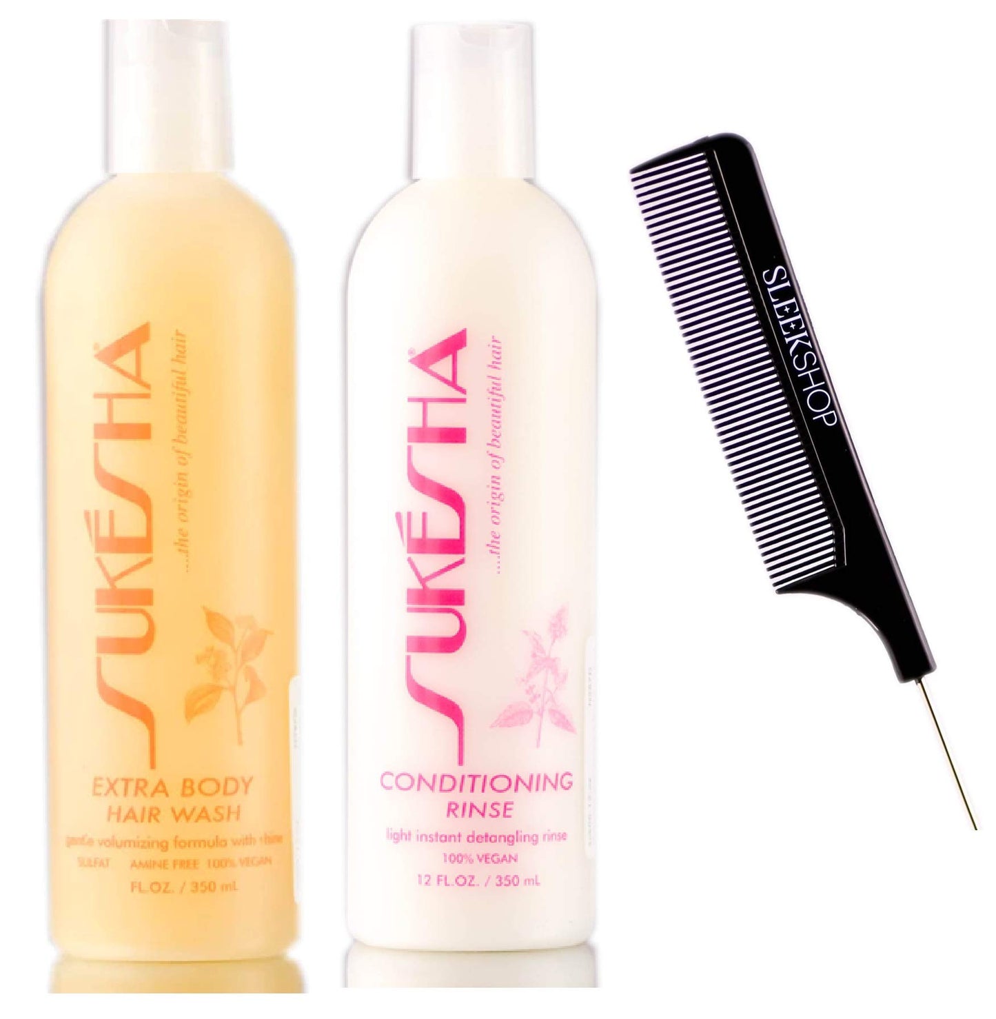Sukesha Extra Body Hair Wash Shampoo & Conditioning Rinse Conditioner DUO Set (w/Sleek Comb) Gentle Volumizing Formula, Light Detangling, 100% Vegan