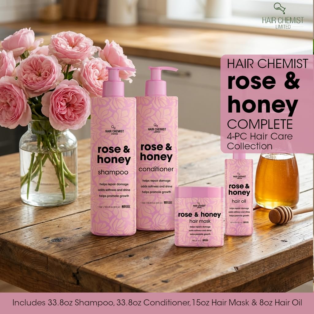 Hair Chemist Rose & Honey Ultimate 4-Piece Hair Care Collection - Includes 33.8oz Shampoo, 33.8oz Conditioner, 15oz Hair Mask & 8oz Hair Oil