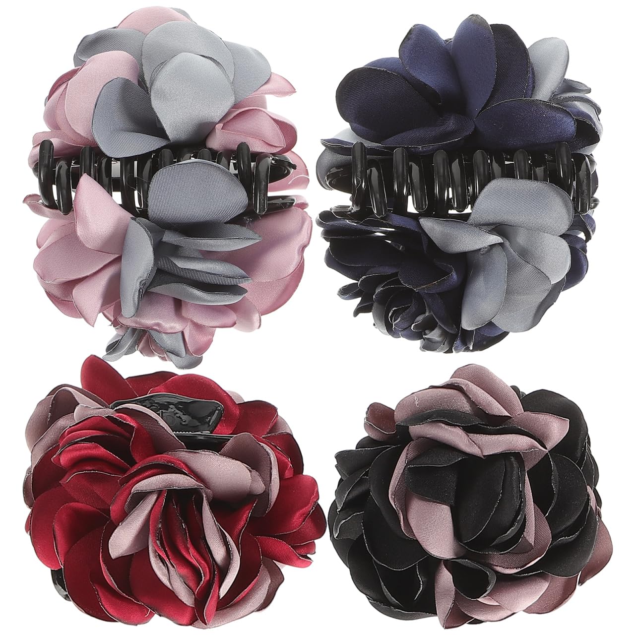 Lurrose 4Pcs Ribbon Hair Claws Large Claw Clamps Rose Flower Bow Jaw Hair Clip Barrette Ponytail Holders for Girls Women