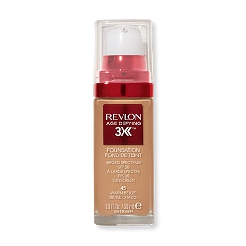 Revlon Age Defying 3X Makeup Foundation, Firming, Lifting and Anti-Aging Medium, Buildable Coverage with Natural Finish SPF 20, 045 Warm Beige, 1 fl