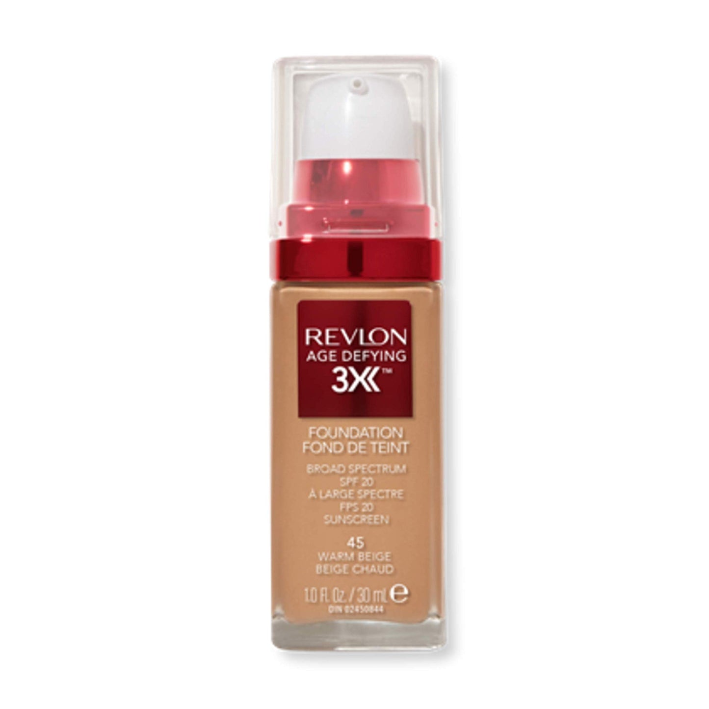 Revlon Age Defying 3X Makeup Foundation, Firming, Lifting and Anti-Aging Medium, Buildable Coverage with Natural Finish SPF 20, 045 Warm Beige, 1 fl