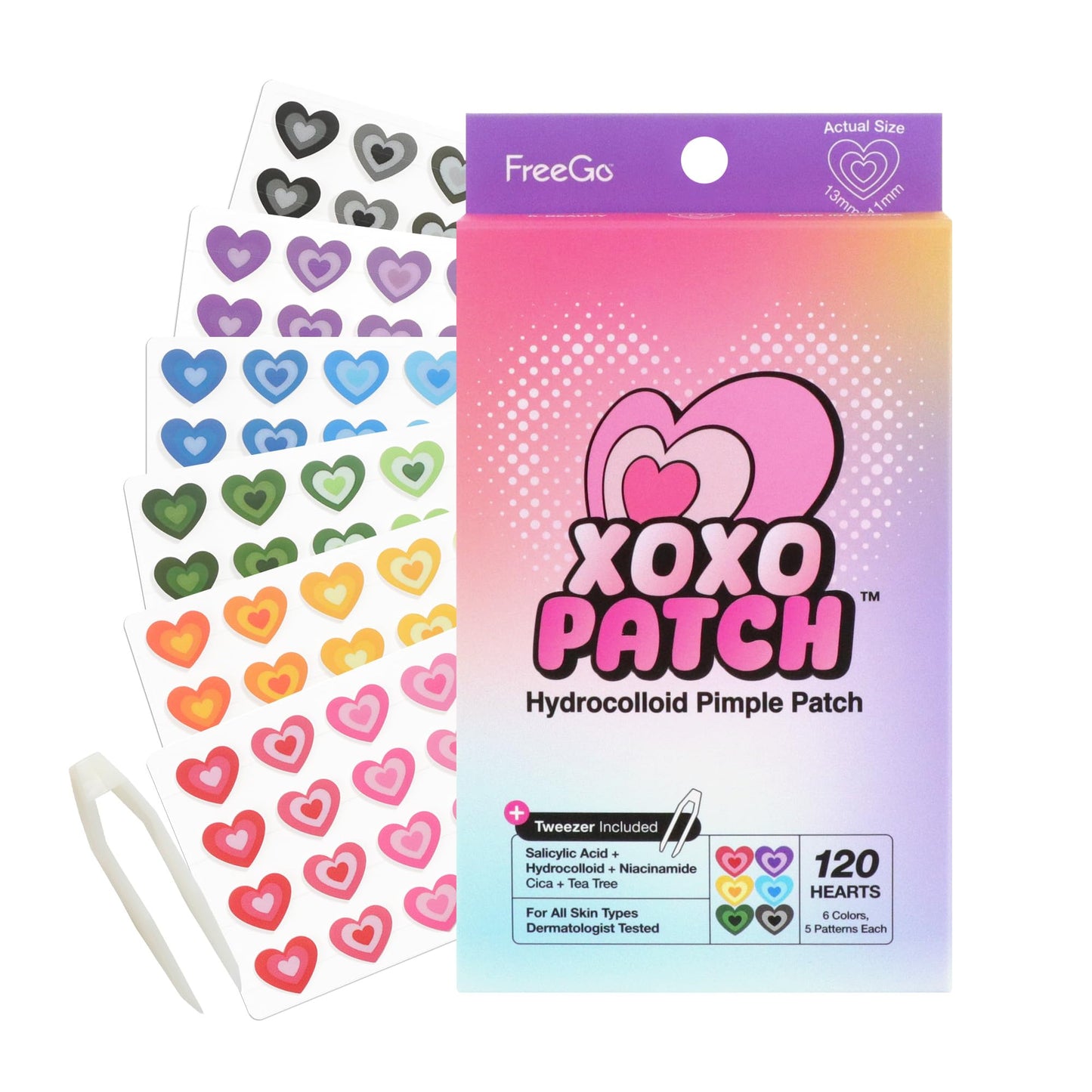 FreeGo XOXO Hydrocolloid Pimple Patch 120 Counts | Cute Colorful Heart Shape | Salicylic Acid, Niacinamide, CICA, Tea Tree | Made in Korea