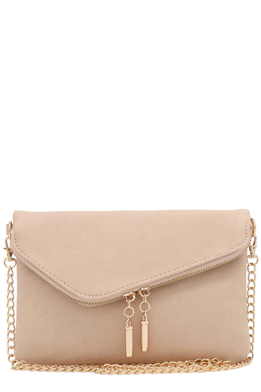 FashionPuzzle Envelope Wristlet Clutch Crossbody Bag with Chain Strap (Nude) One Size