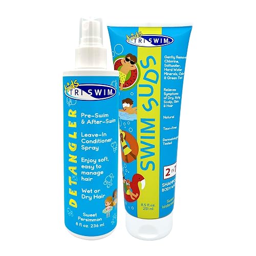 TRISWIM Kids Swim Care Bundle | Swim Suds 2-in-1 Shampoo & Body Wash 8.5 oz + Detangler Leave-In Conditioner Spray 8 oz | Tear-Free Chlorine